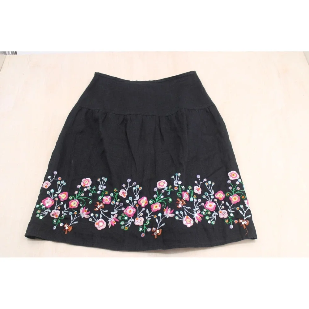 Carole Little Linen Skirt Wms 8 Black Floral‎ Embroidered Sequin A-Line Boho Y2K